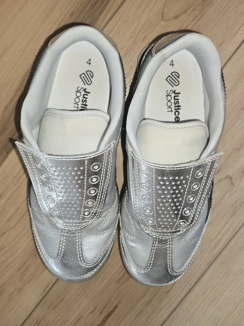 Silver Metallic Slip-On Girls Sneakers with Black Accent